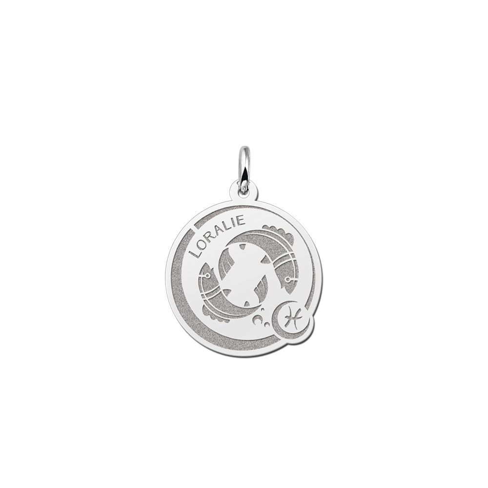 Silver Round Zodiac Pendant Pisces with Name Engraving