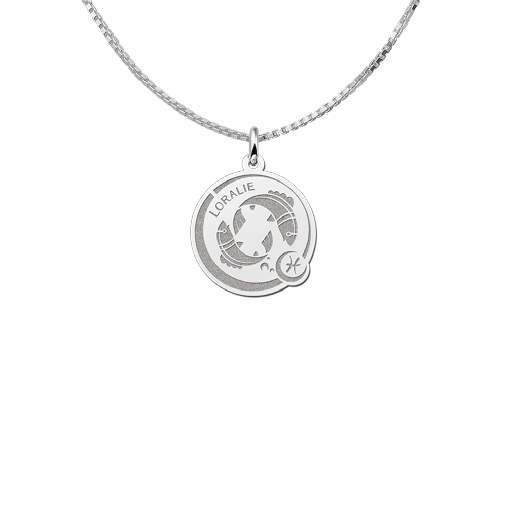 Silver Round Zodiac Pendant Pisces with Name Engraving