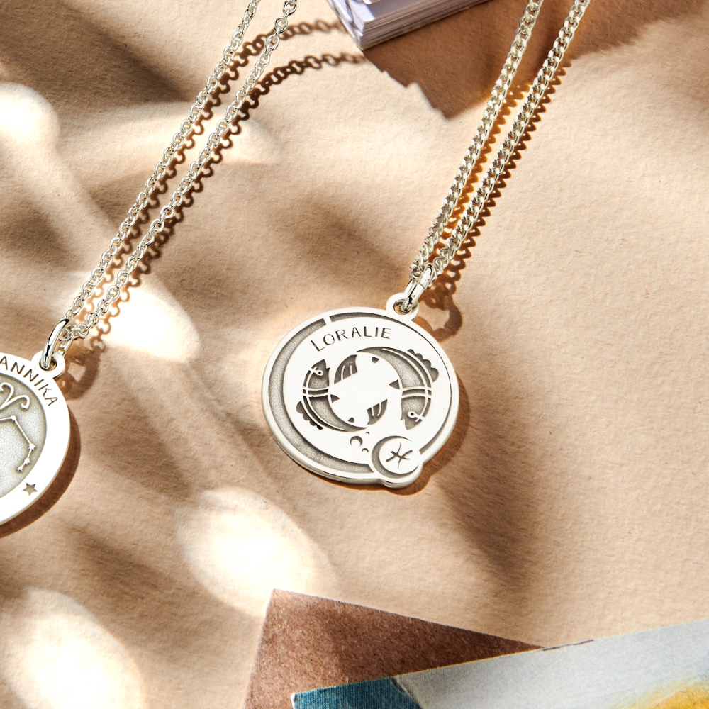 Silver Round Zodiac Pendant Pisces with Name Engraving