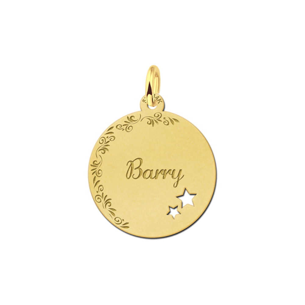 Gold Disc Necklace with Name, Flower Border and Stars