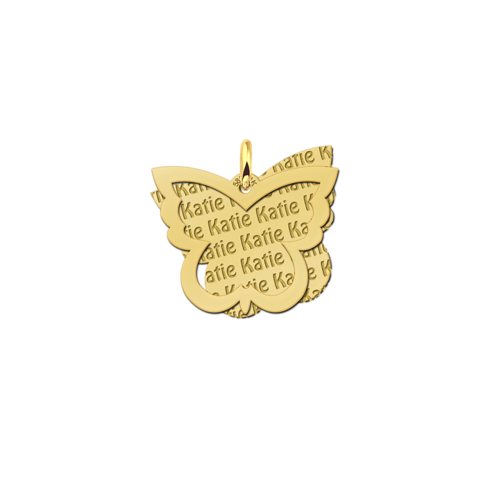 Gold butterfly pendant with cut-out design and engraved name repeated