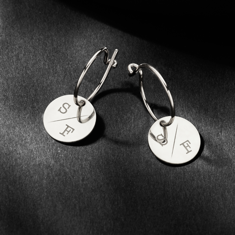 Silver earrings with round pendant and initials