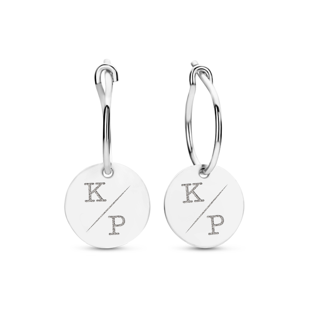 Silver earrings with round pendant and initials