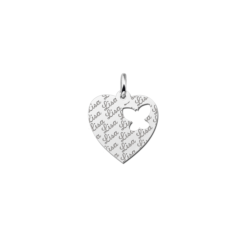 Engraved Silver Heart Pendant with Butterfly