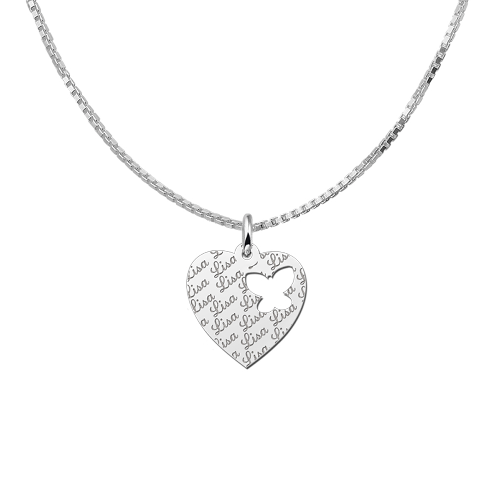 Engraved Silver Heart Pendant with Butterfly