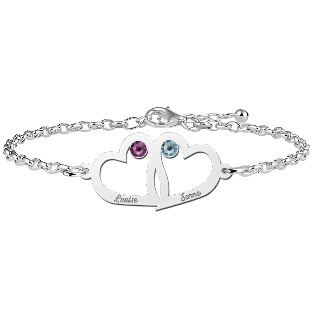 Heart bracelet mother and daughter of silver with birthstone