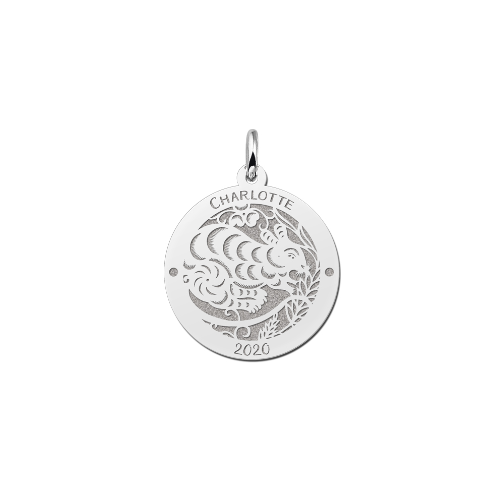 Silver Round Chinese Zodiac Pendant Rat with Name Engraving