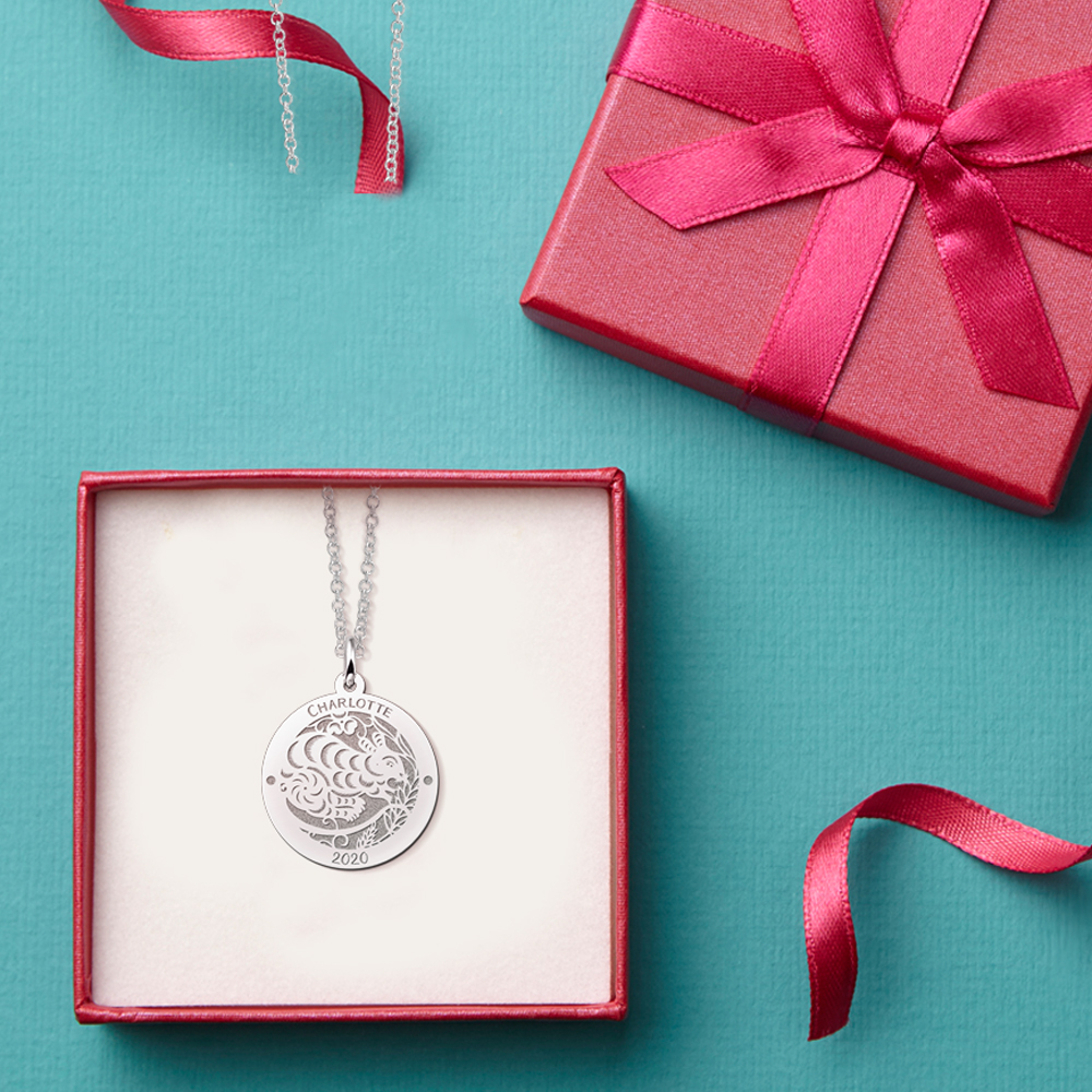 Silver Round Chinese Zodiac Pendant Rat with Name Engraving