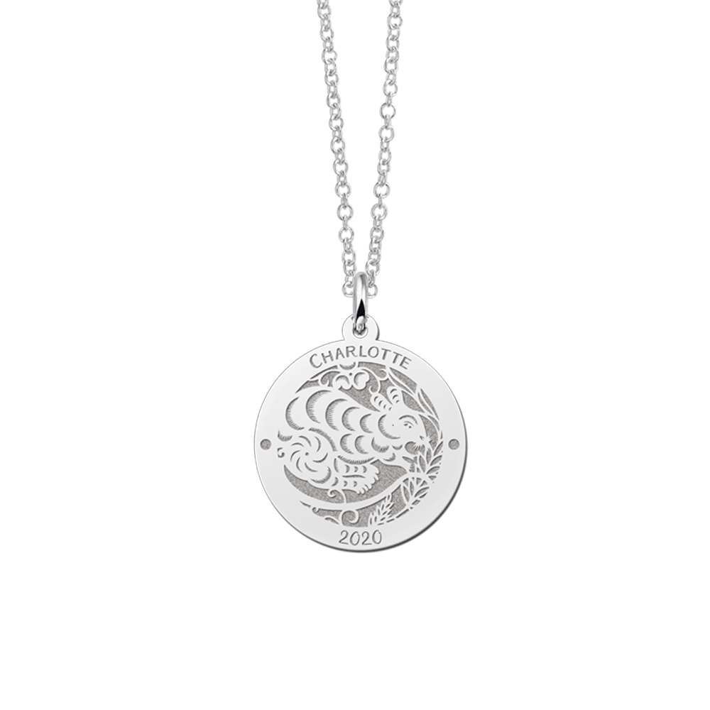 Silver Round Chinese Zodiac Pendant Rat with Name Engraving