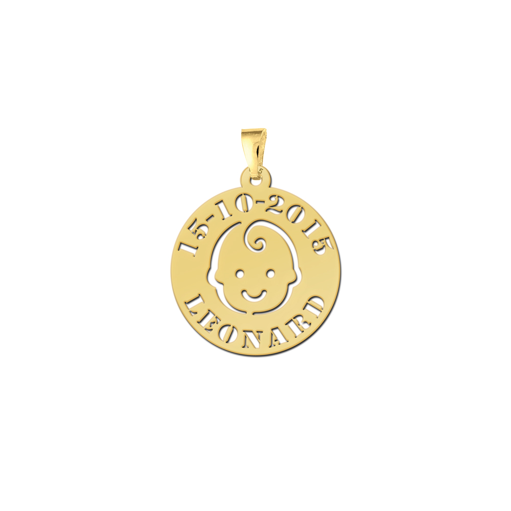 Gold plated baby pendant baby face with name and date