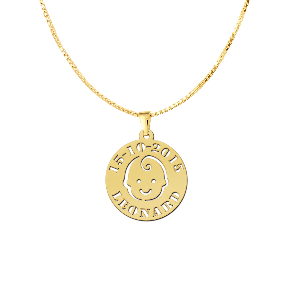 Gold plated baby pendant baby face with name and date