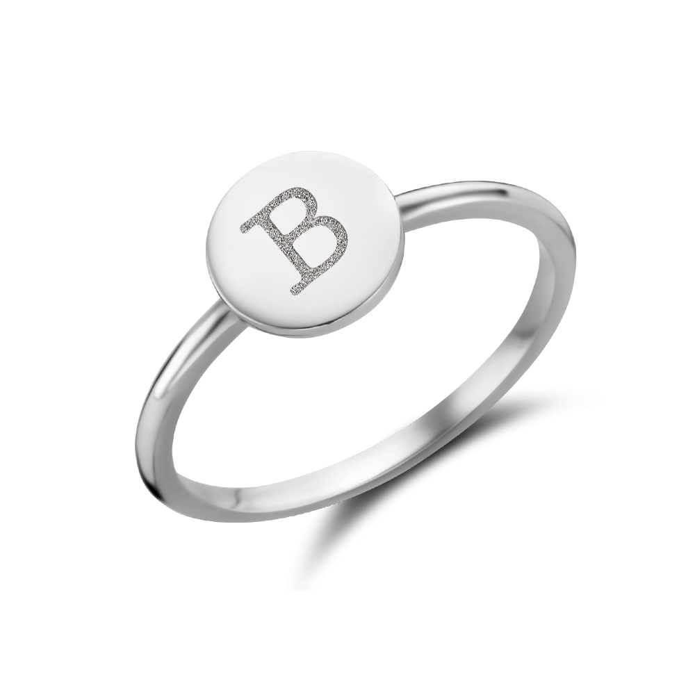 Disc silver signet ring with an initial