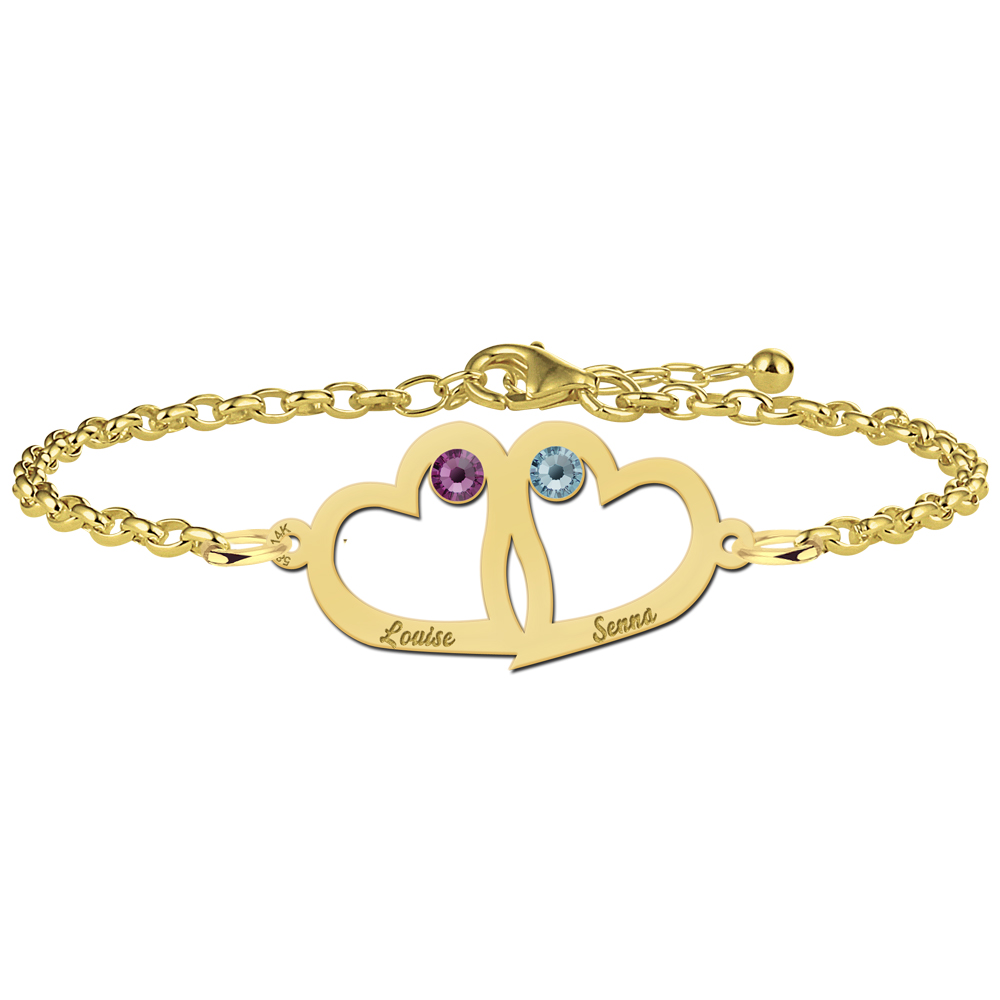 Golden mother-and-daughter bracelet with heart and birthstone