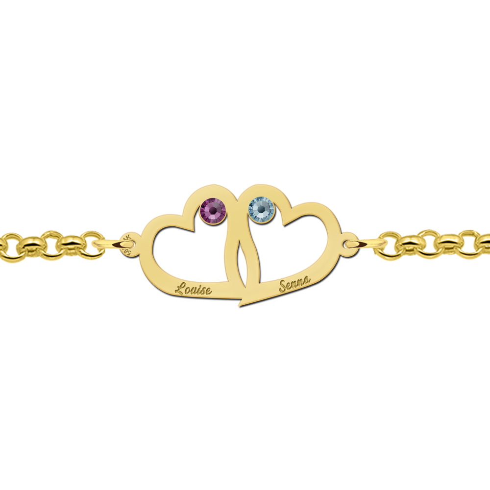 Golden mother-and-daughter bracelet with heart and birthstone
