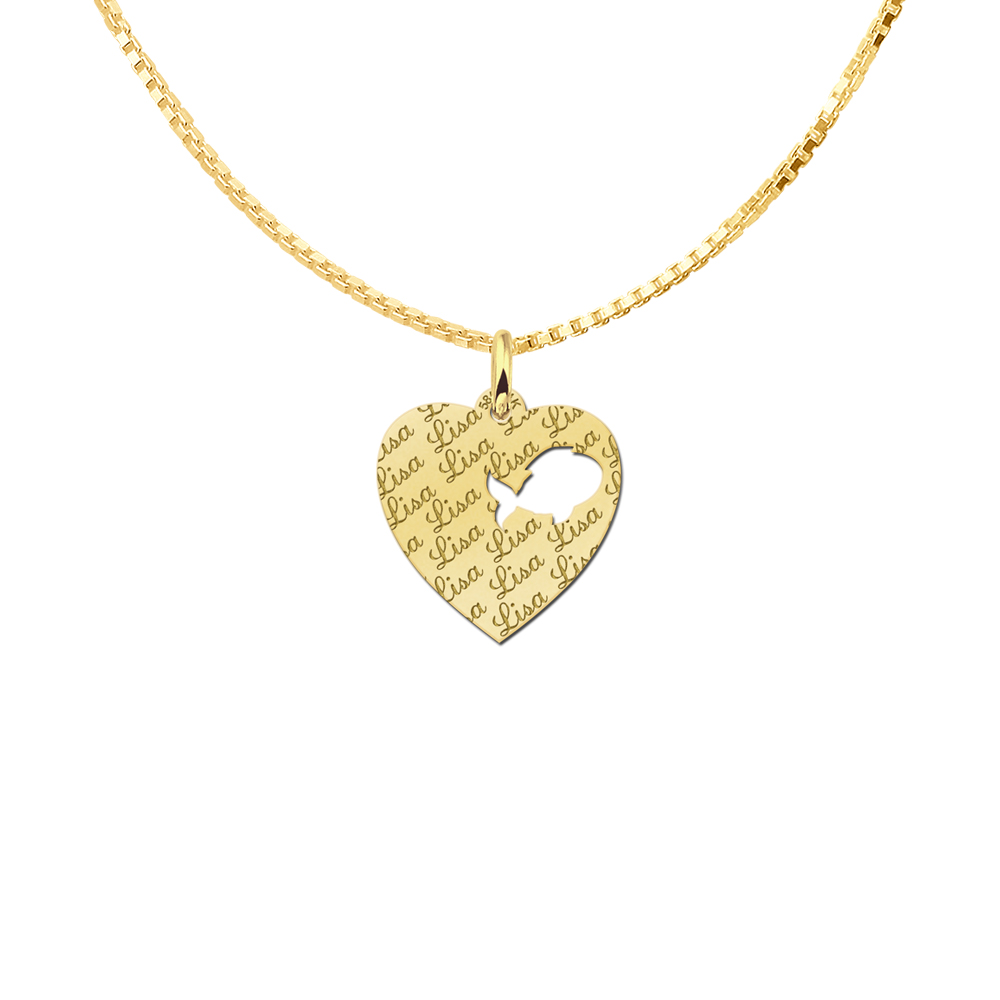 14ct Gold Heart Necklace, Repeatedly Engraved, with Fish