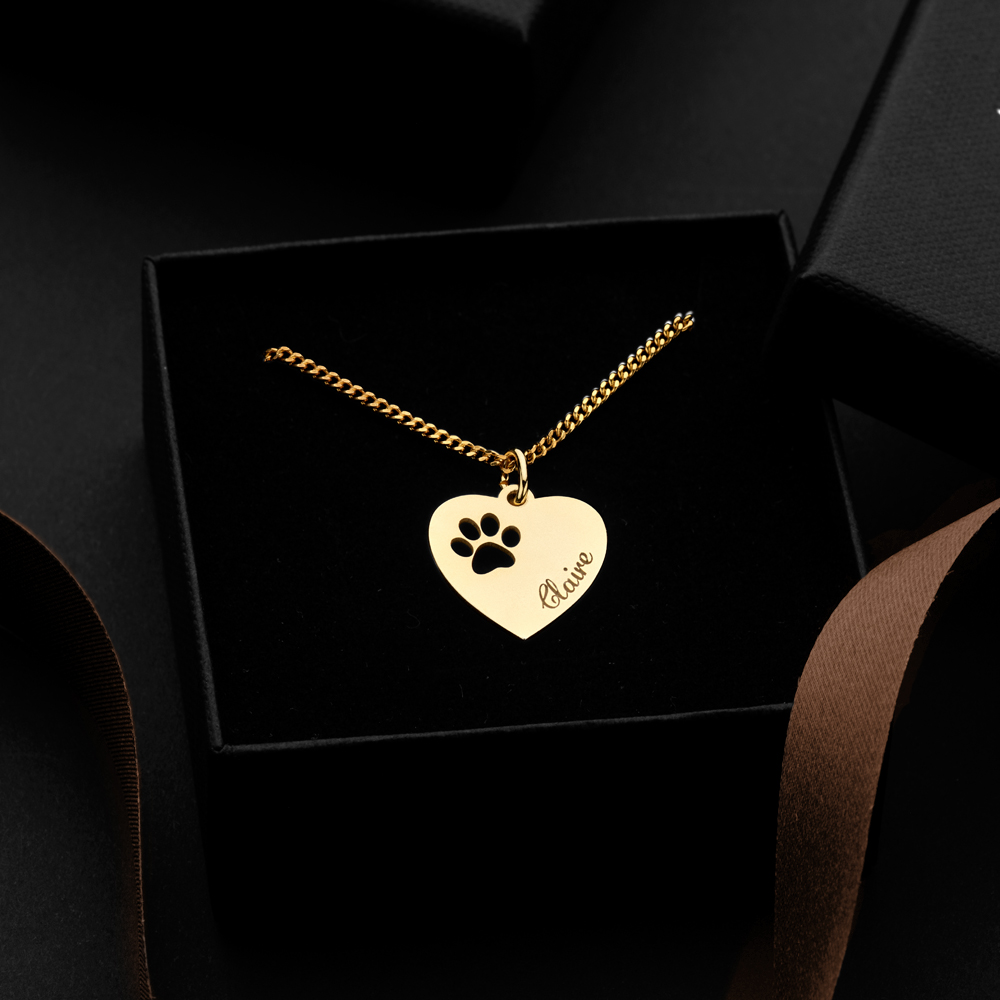 Engraved Gold Heart Necklace, Paw with Name