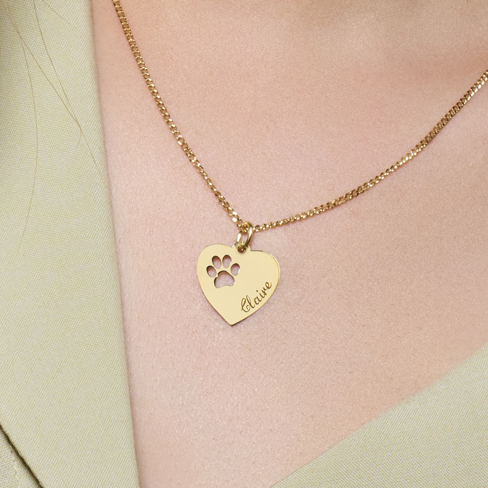 Engraved Gold Heart Necklace, Paw with Name