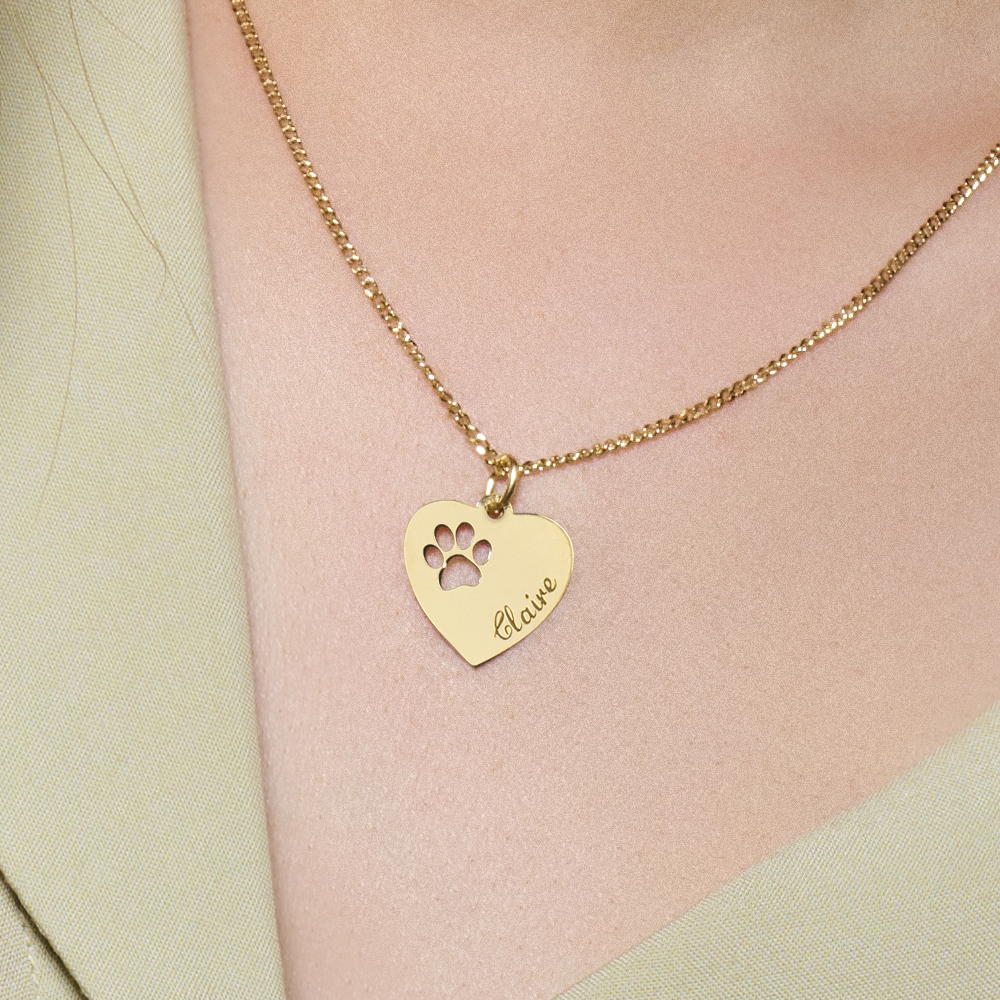 Engraved Gold Heart Necklace, Paw with Name