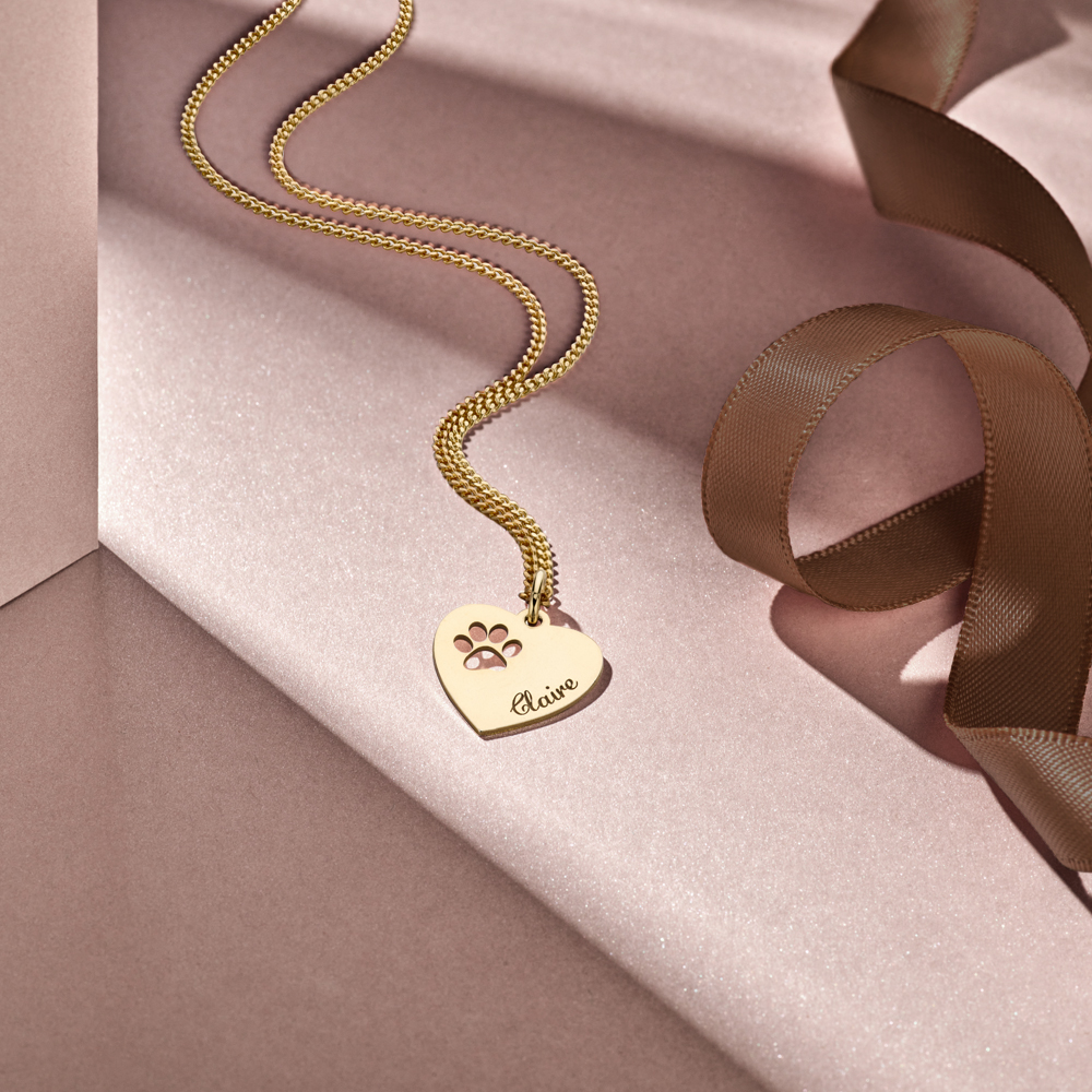 Engraved Gold Heart Necklace, Paw with Name