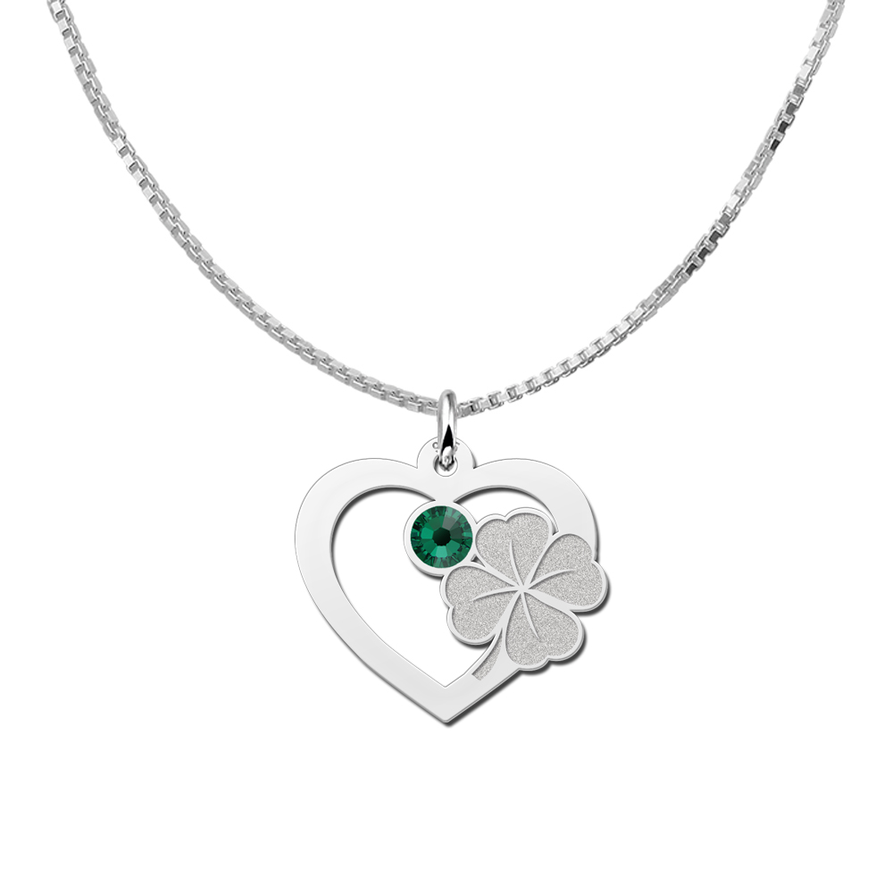 Silver heart with clover and birthstone