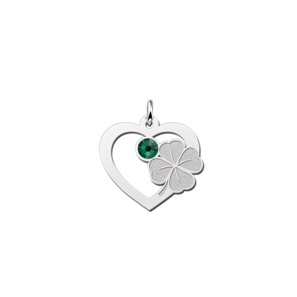 Silver heart with clover and birthstone
