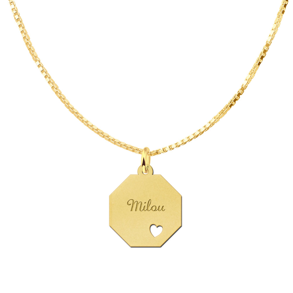 Octagonal gold-plated pendant with name and cut-out heart