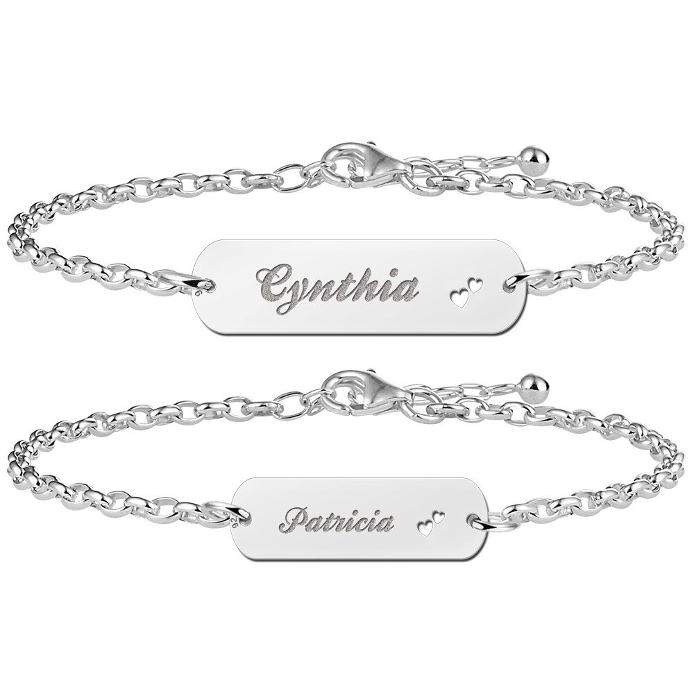 Mother daughter bracelet silver bar with name and little hearts