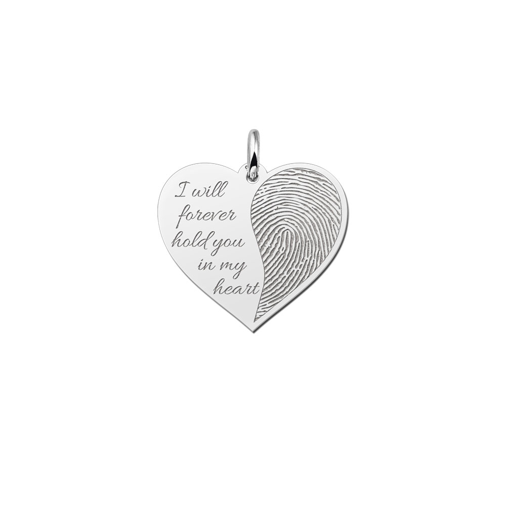 Silver heart pendant with fingerprint and text