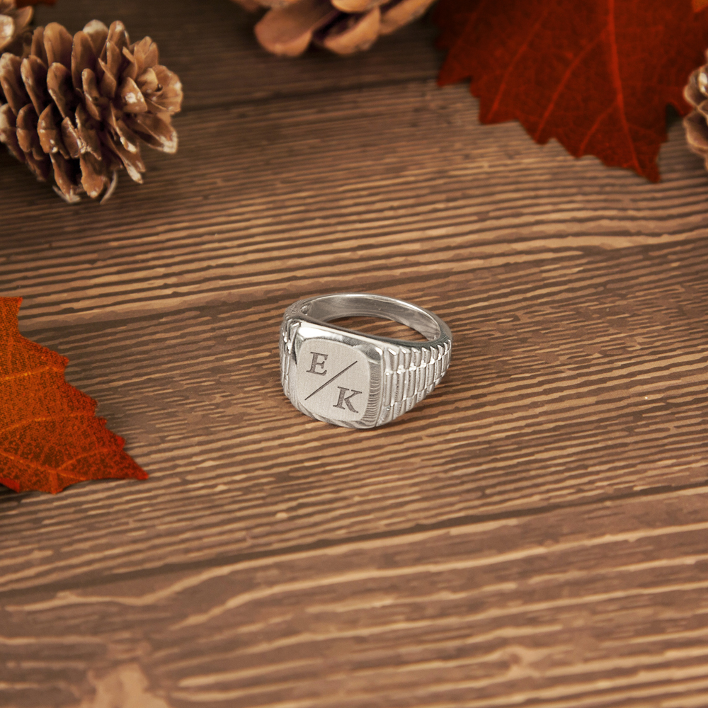 Silver signet ring in Rolex style with engraving