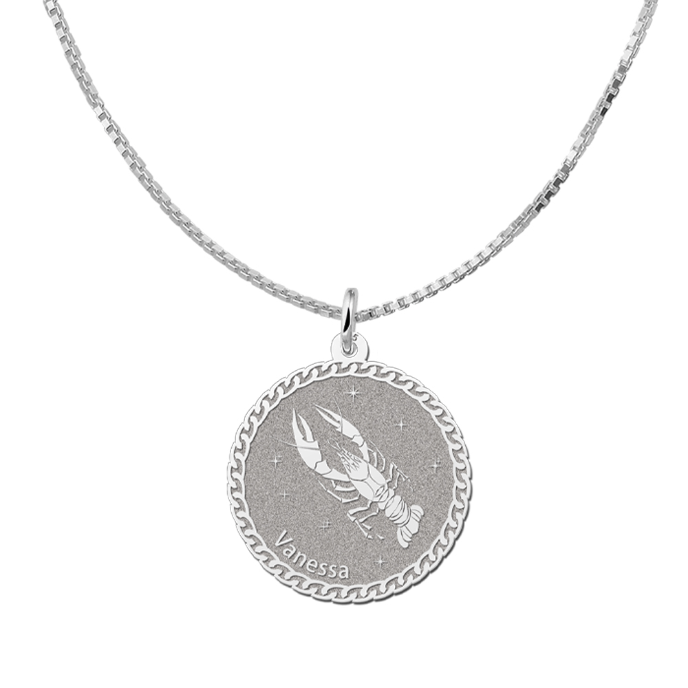 Silver Round Zodiac Pendant Cancer with Name Engraving