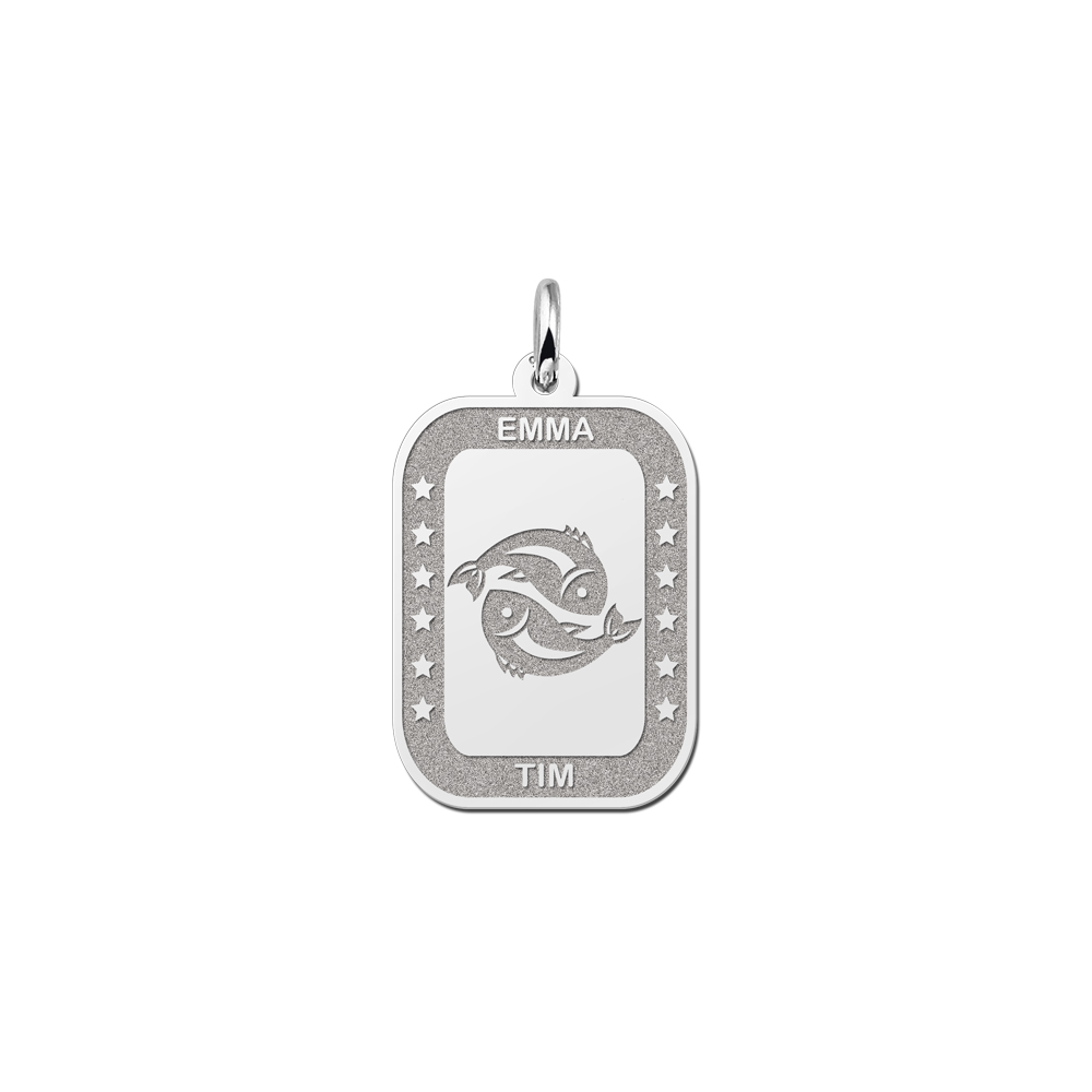 Silver Rectangular Zodiac Pendant Pisces with Name Engraving