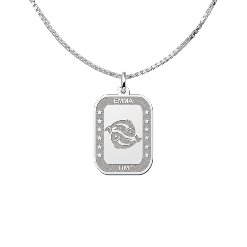 Silver Rectangular Zodiac Pendant Pisces with Name Engraving