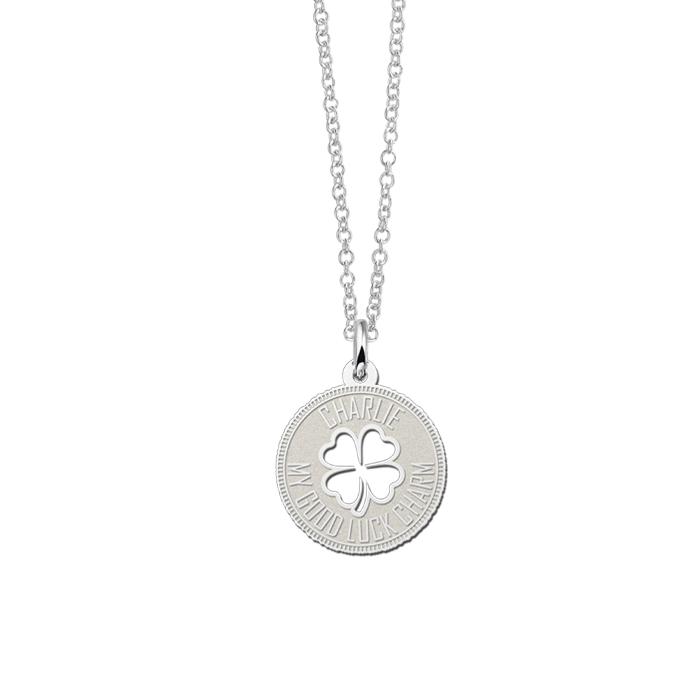 Silver coin necklace with cloverleaf and engraving