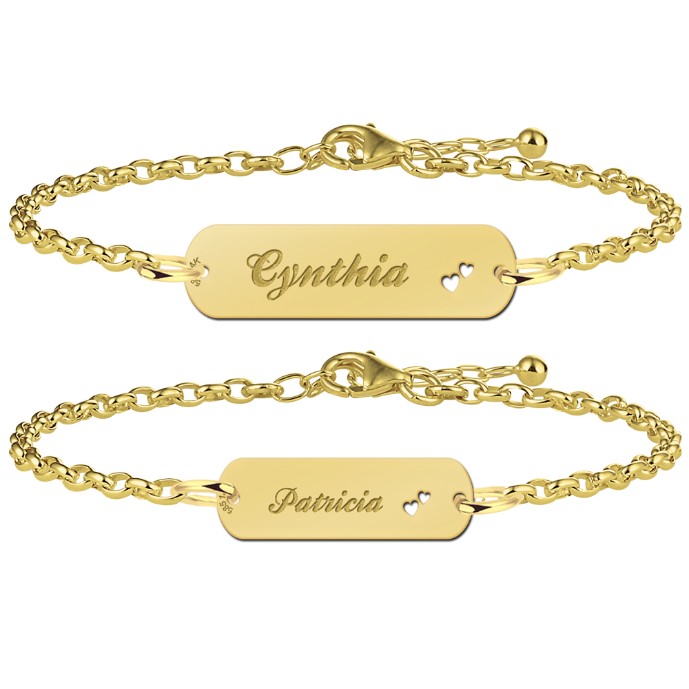 Mother daughter bracelet gold bar with name and little hearts