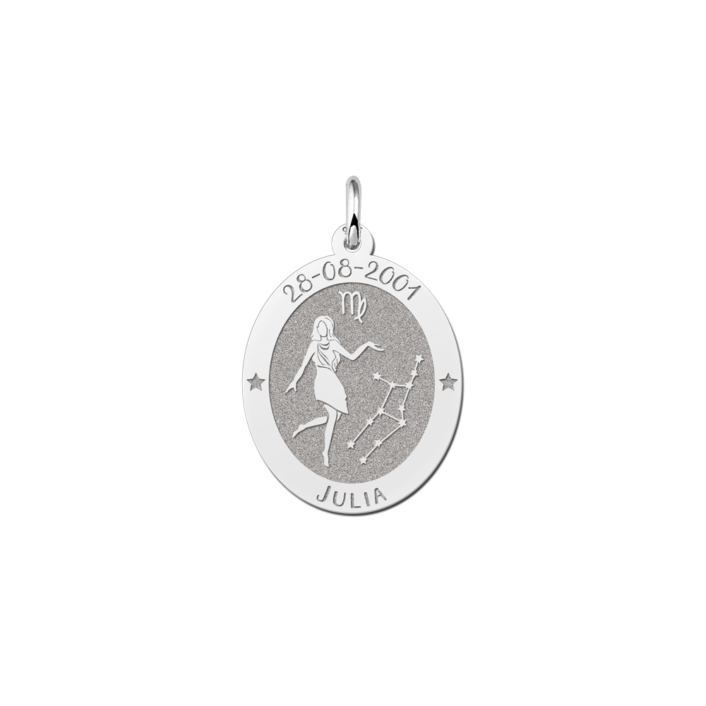 Silver Oval Zodiac Pendant Virgo with Name Engraving