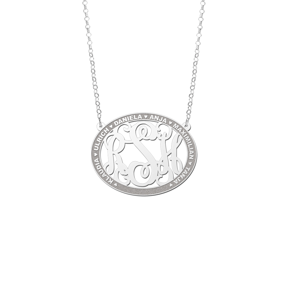 Silver Monogram Necklace with Names, Oval Large