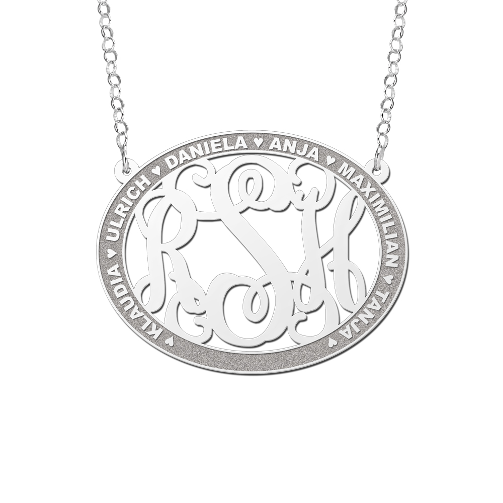 Silver Monogram Necklace with Names, Oval Large