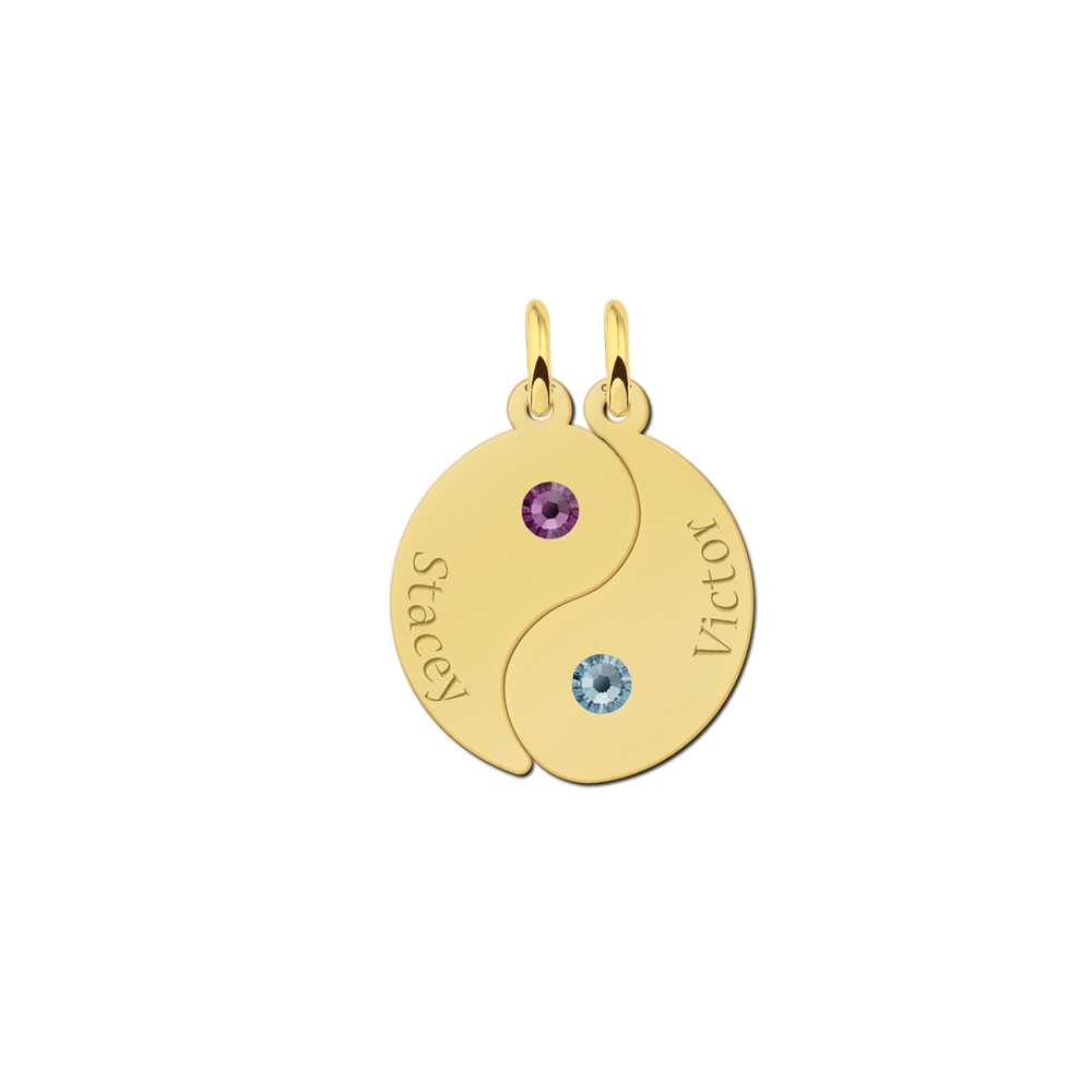Gold plated breakable yin yang pendant with birthstones and names