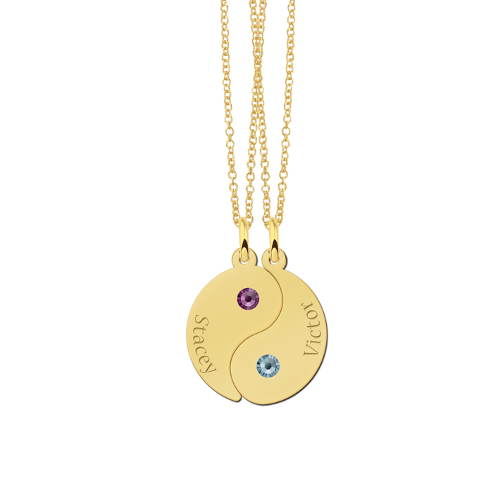 Gold plated breakable yin yang pendant with birthstones and names