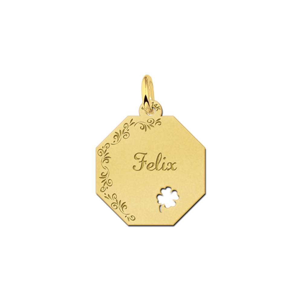 Solid Gold Necklace with Name, Flowers and Four Leaf Clover