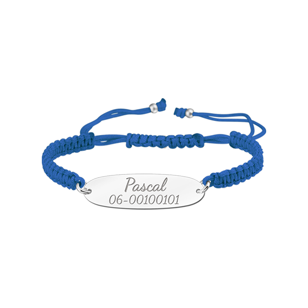 Silver kids bracelet with name and phonenumber blue