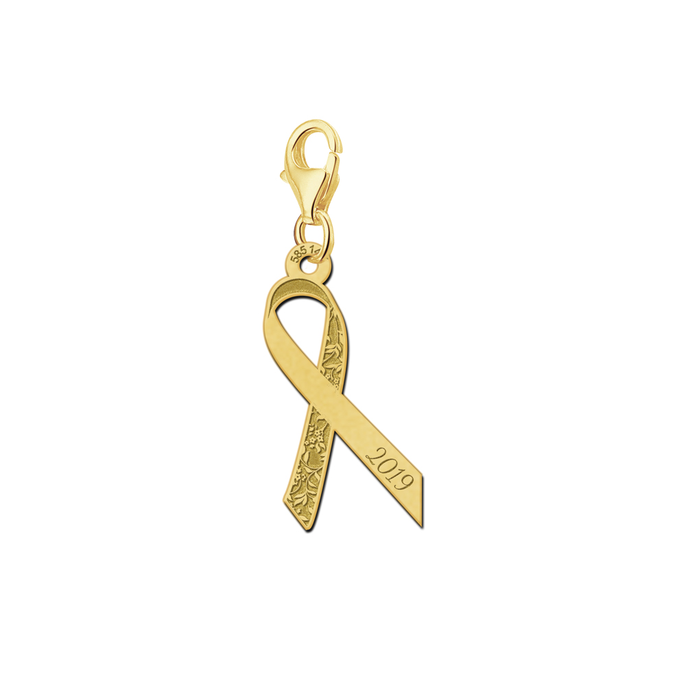 Golden Pink Ribbon charm with flowers and engraving