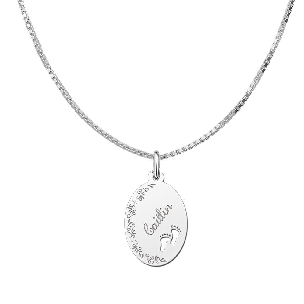 Silver Oval Necklace with Name, Flowers and Feet