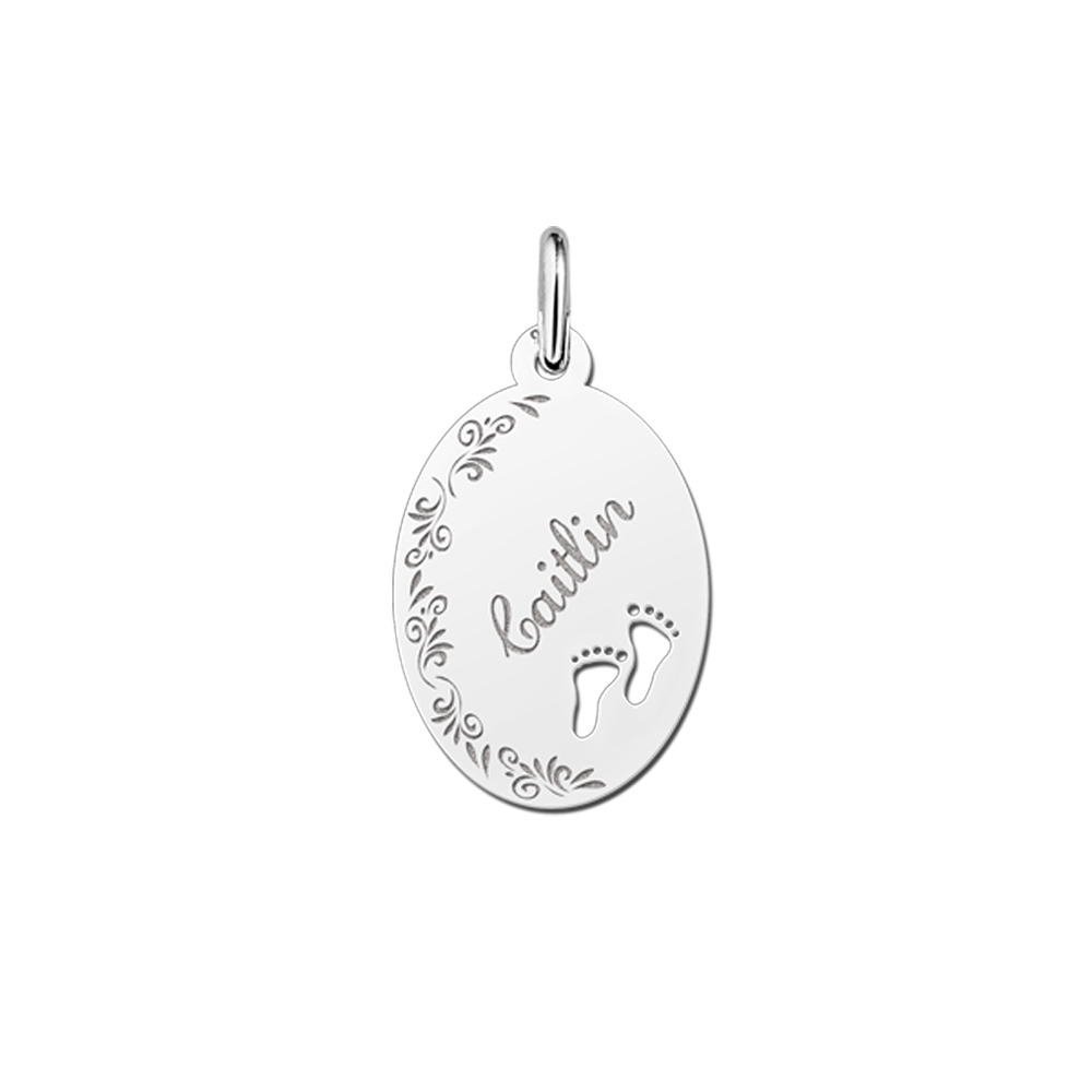 Silver Oval Necklace with Name, Flowers and Feet