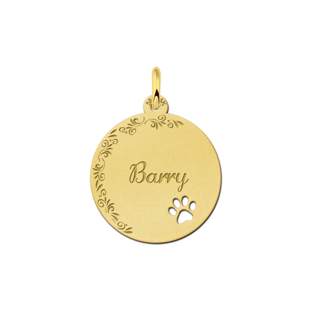 Gold Disc Necklace with Name, Flowerborder and Dog Paw