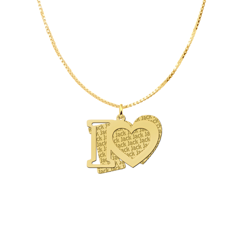 Gold pendant with cut-out I ? and engraved repeated name pattern
