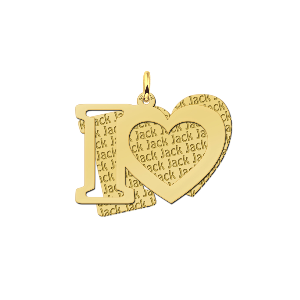 Gold pendant with cut-out I ? and engraved repeated name pattern