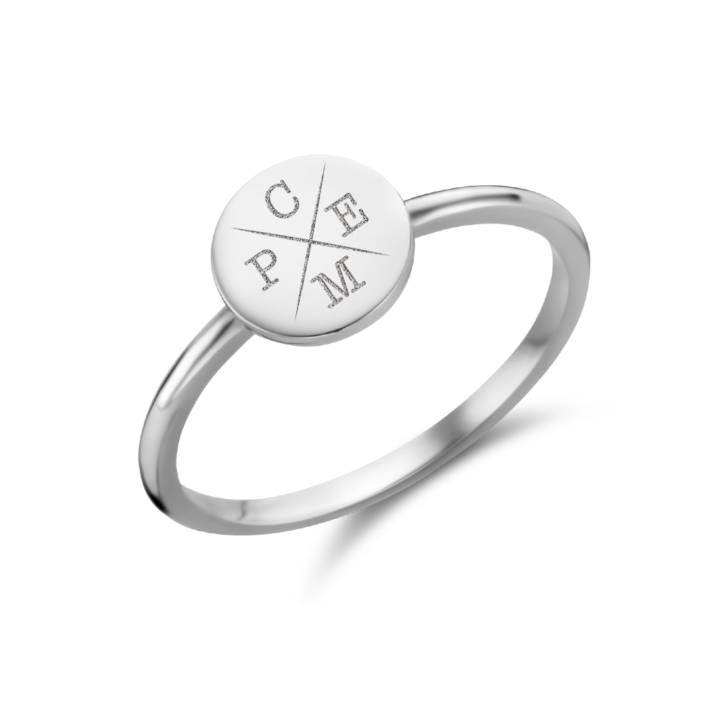Disc silver signet ring with four initial
