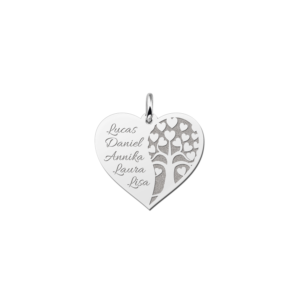 Sterling silver heart pendant with family tree and engraved names