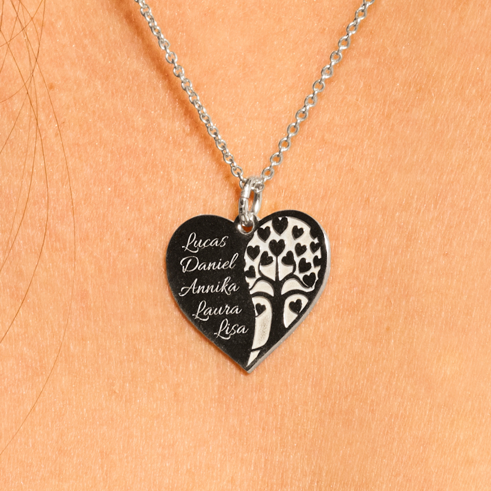 Silver family necklace heart shape with tree of life and names